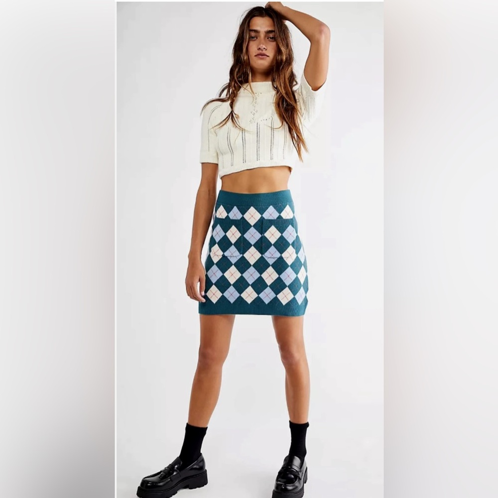 Free People Argyle Viola Sweater Skirt in
Marine Combo medium nwt